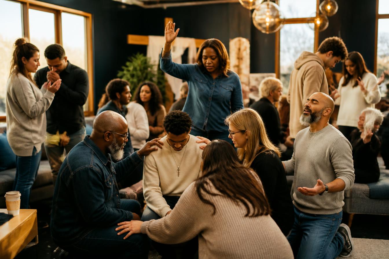 Diverse group of people praying together after a church service