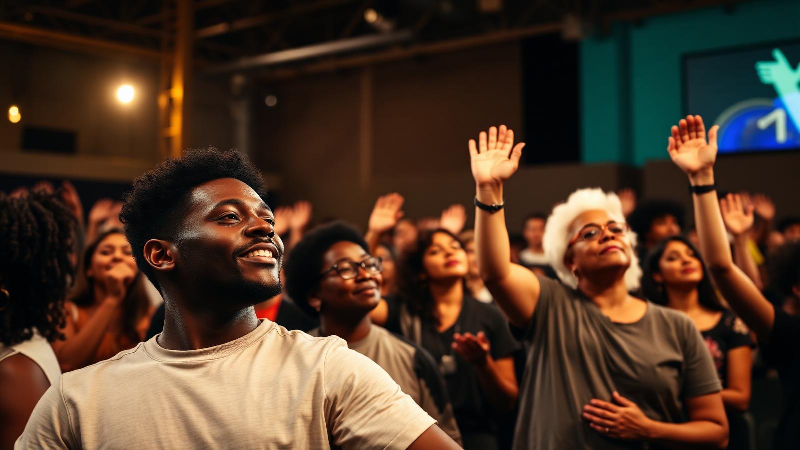 Congregation worshipping with hands raised
